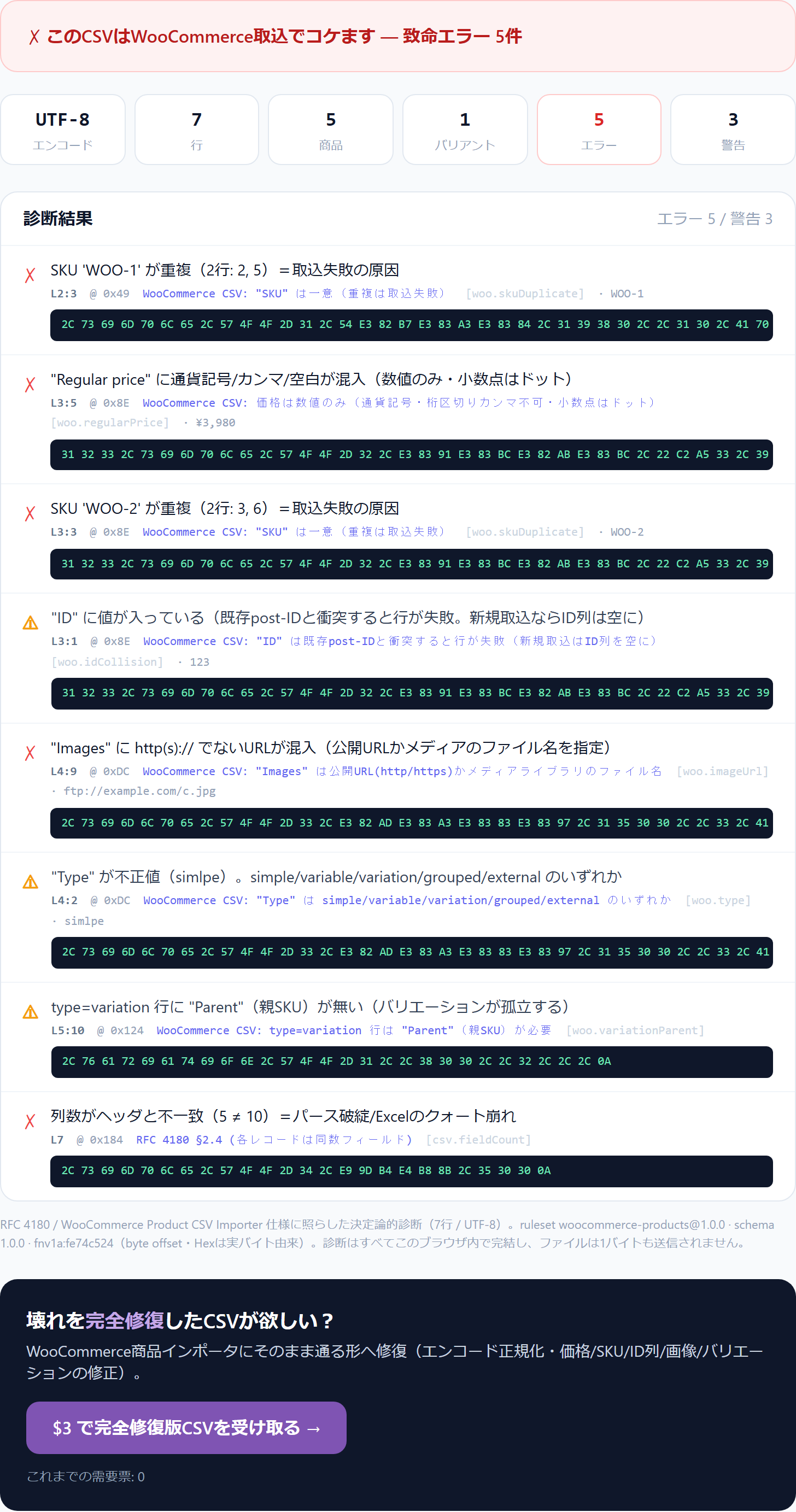 実際の診断結果（壊れた商品CSVをドロップした画面）